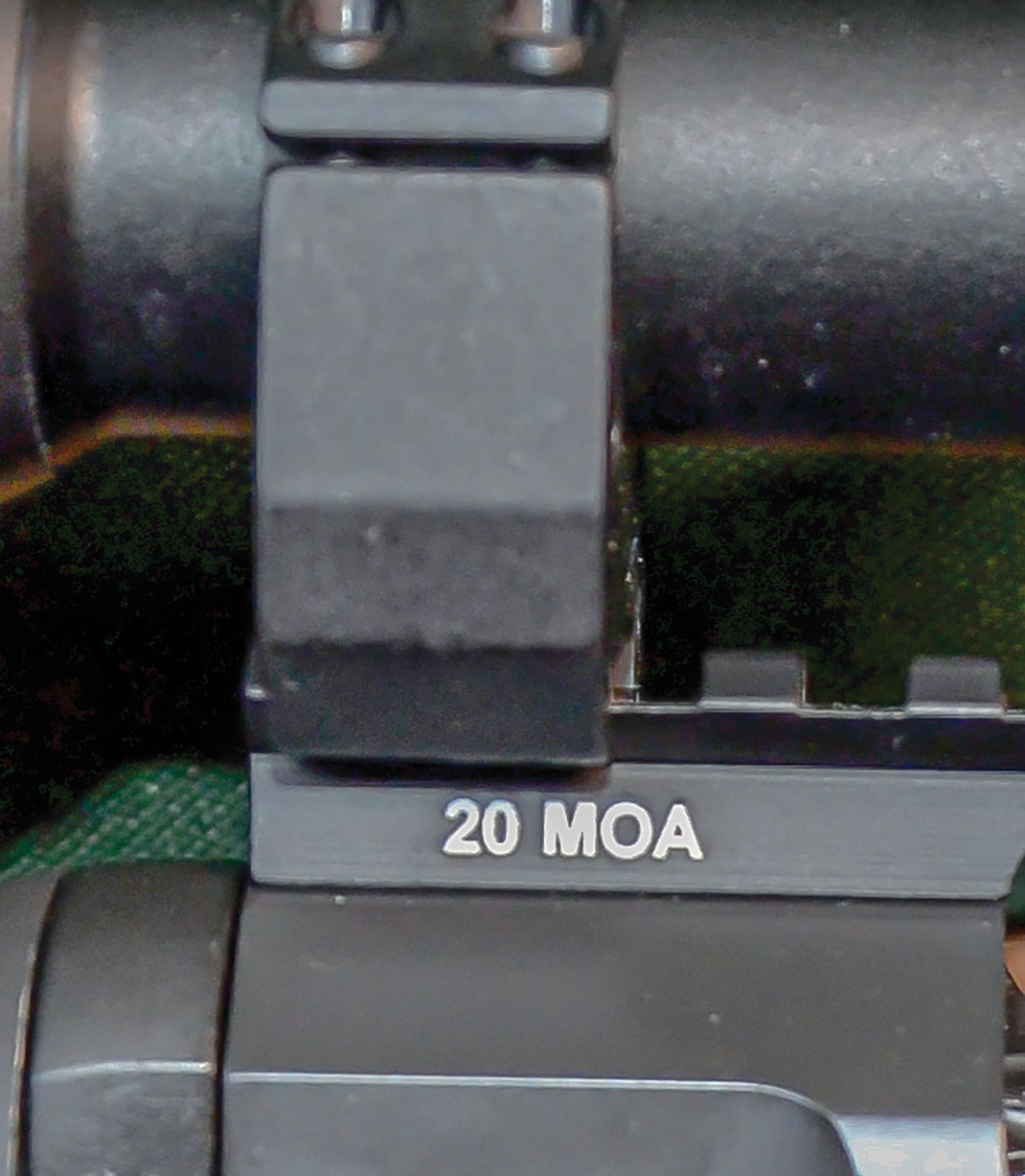 This Picatinny rail with 20-MOA of slant is enough to allow a modern scope with a 30mm or larger tube to reach a 300-yard zero without running out of elevation adjustment but the same does not hold true for scopes having 1-inch tubes.